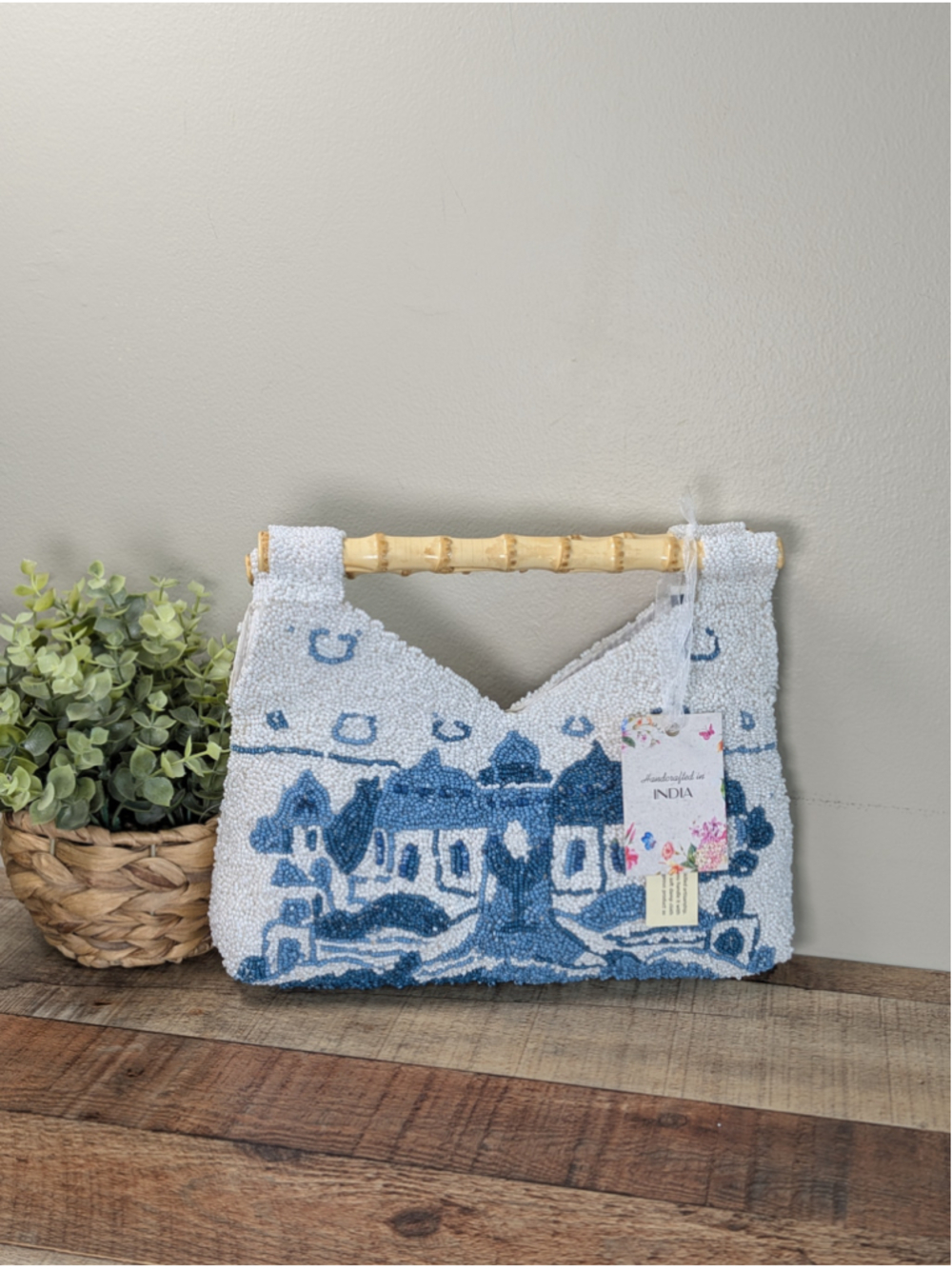 NEW Viral Beaded Santorini Bamboo Handle Clutch Handbag Blue White TikTok